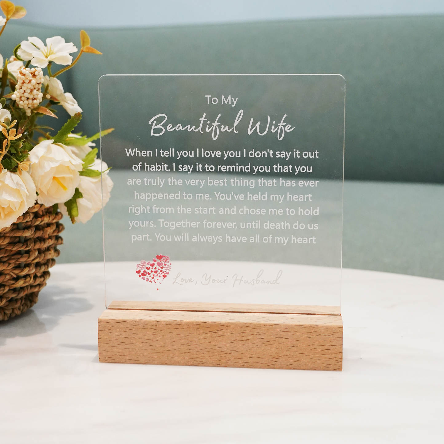 To My Beautiful Wife Square Plaque-Until Death Do Us Part- White Font LED Optional