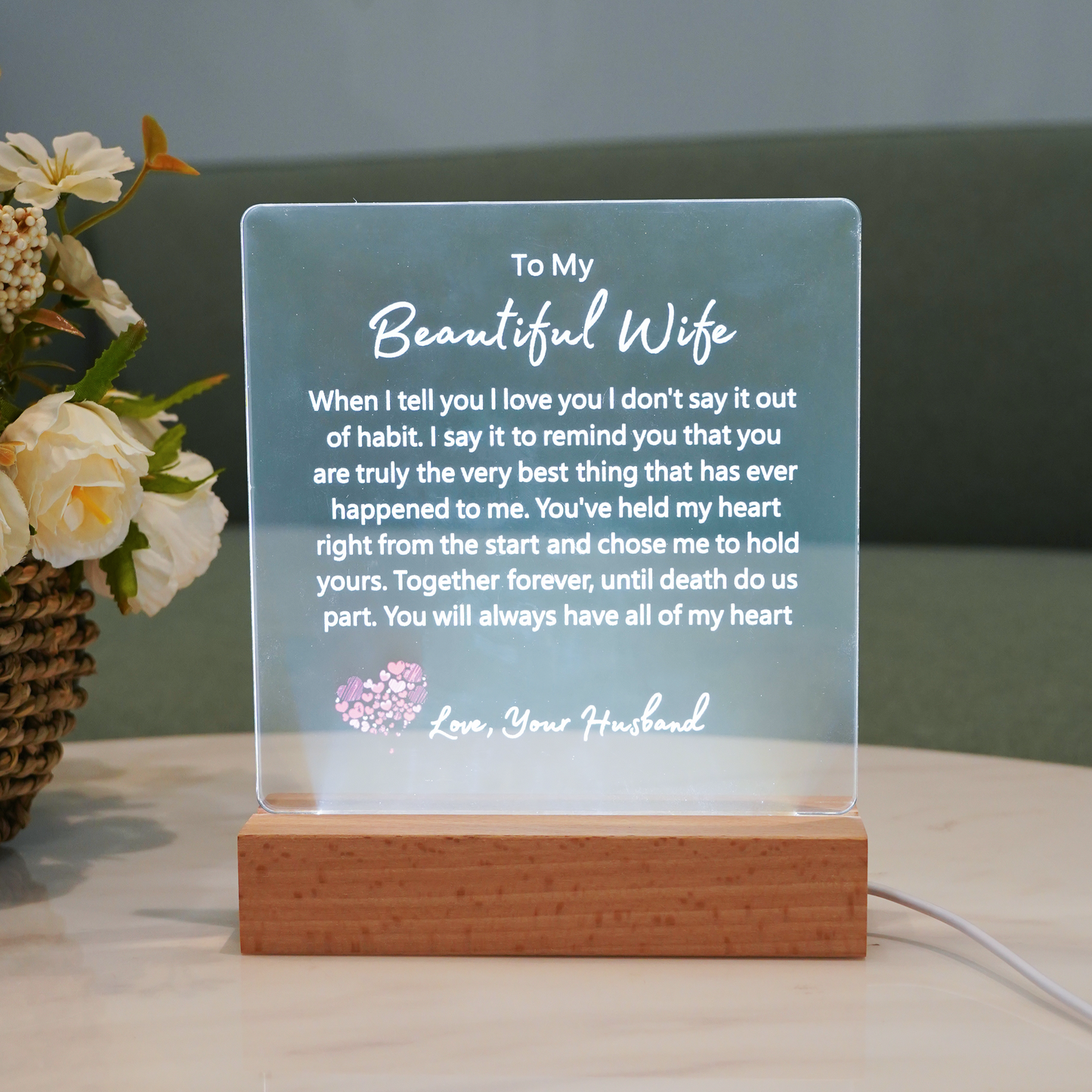 To My Beautiful Wife Square Plaque-Until Death Do Us Part- White Font LED Optional
