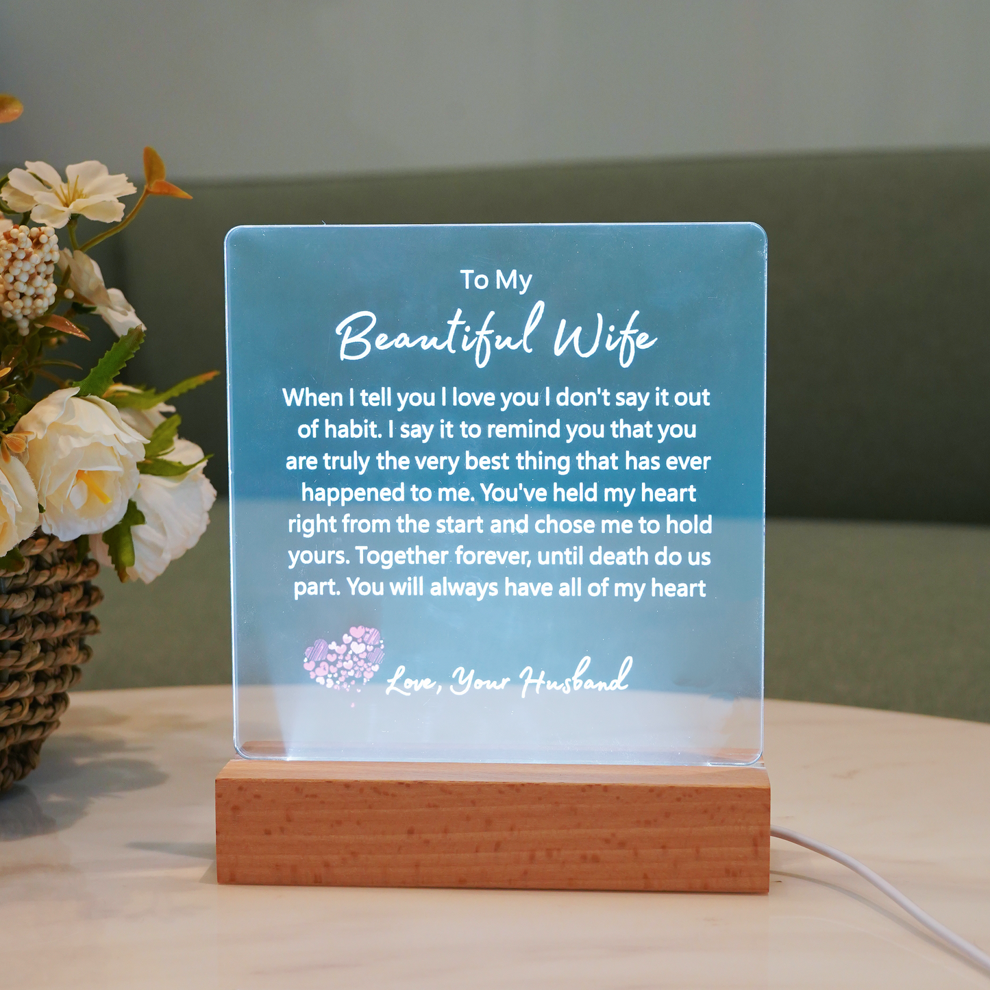 To My Beautiful Wife Square Plaque-Until Death Do Us Part- White Font LED Optional
