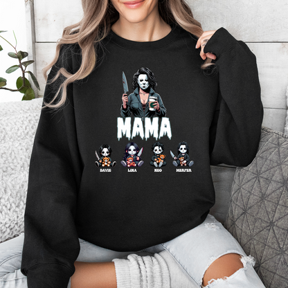 Custom ”Killer Mama“ Halloween Sweatshirt， Custom Kid Name Halloween Horror Mama Shirt, Spooky Mama Shirt