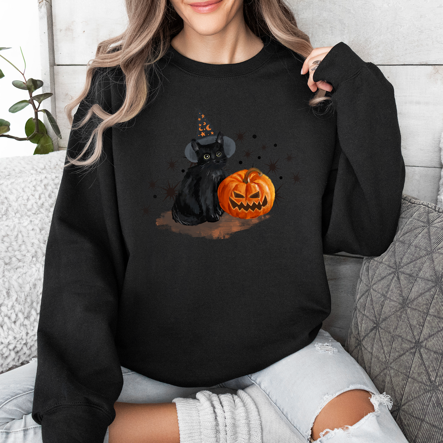 Black Cat With Pumpkin Halloween Sweatshirt, Spooky Cat Sweatshirt