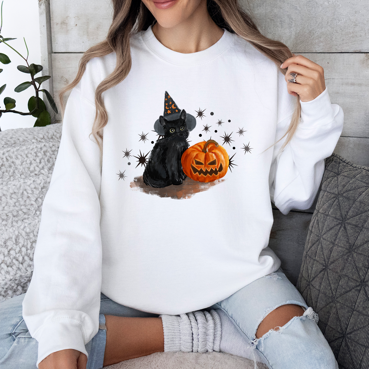 Black Cat With Pumpkin Halloween Sweatshirt, Spooky Cat Sweatshirt