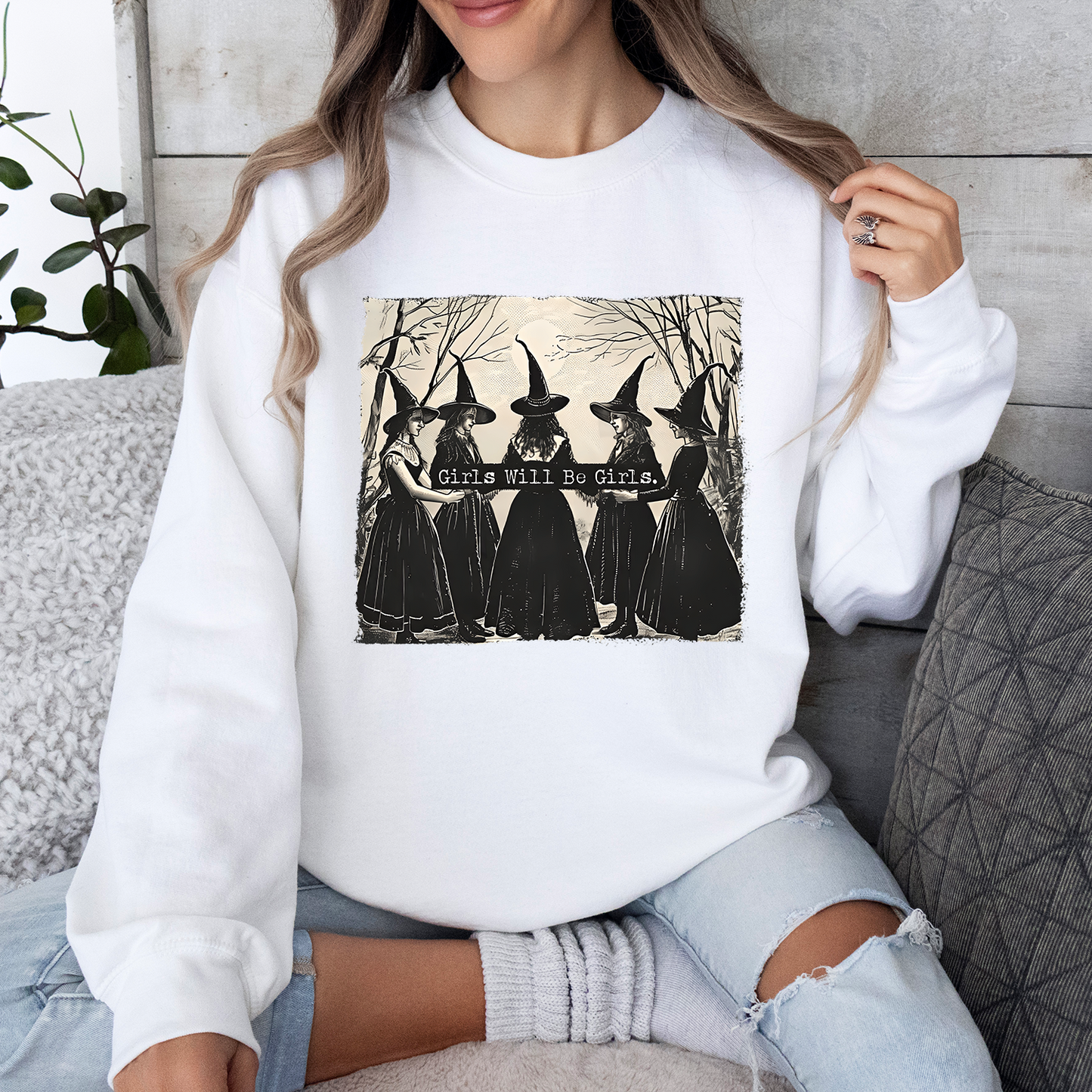 Vintage Girls Will Be Girls Witch Sweatshirt, Vintage Halloween Women Shirt