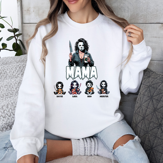 Custom ”Killer Mama“ Halloween Sweatshirt， Custom Kid Name Halloween Horror Mama Shirt, Spooky Mama Shirt