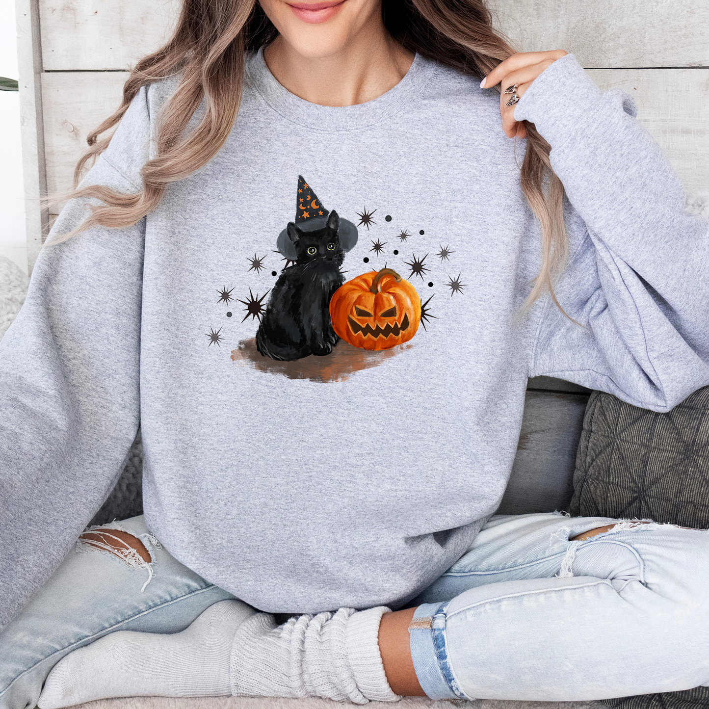 Black Cat With Pumpkin Halloween Sweatshirt, Spooky Cat Sweatshirt