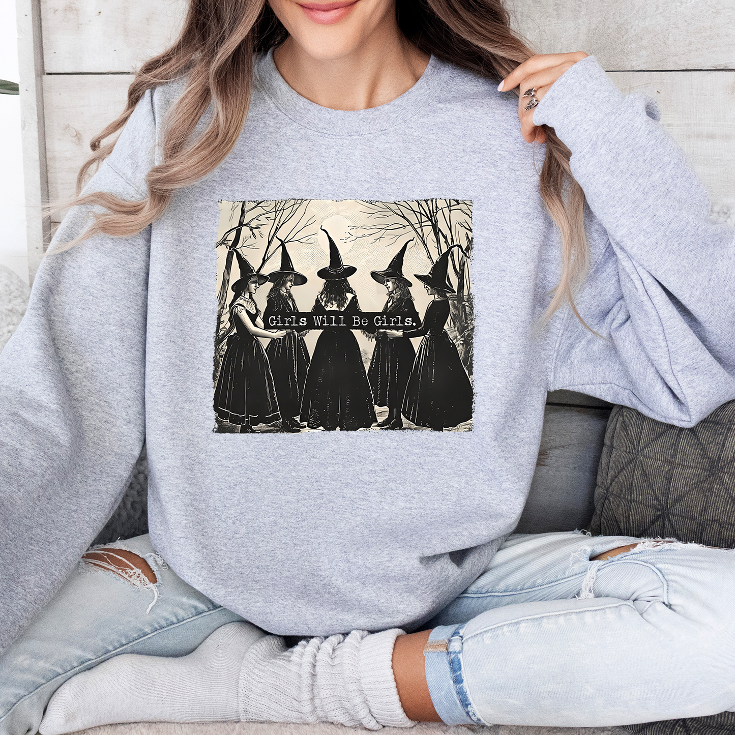 Vintage Girls Will Be Girls Witch Sweatshirt, Vintage Halloween Women Shirt