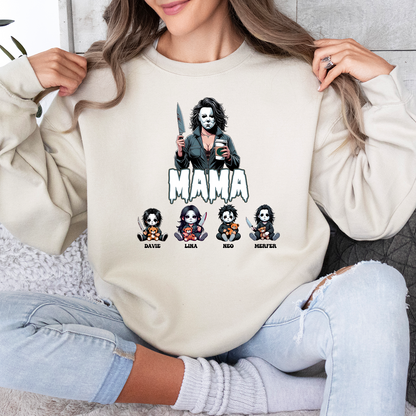 Custom ”Killer Mama“ Halloween Sweatshirt， Custom Kid Name Halloween Horror Mama Shirt, Spooky Mama Shirt