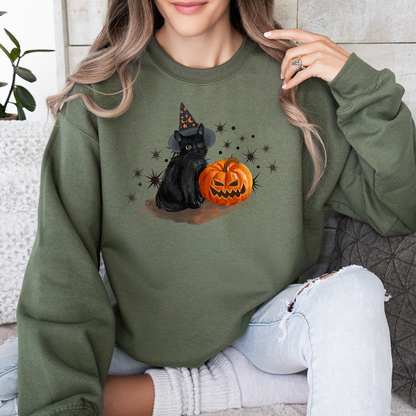 Black Cat With Pumpkin Halloween Sweatshirt, Spooky Cat Sweatshirt