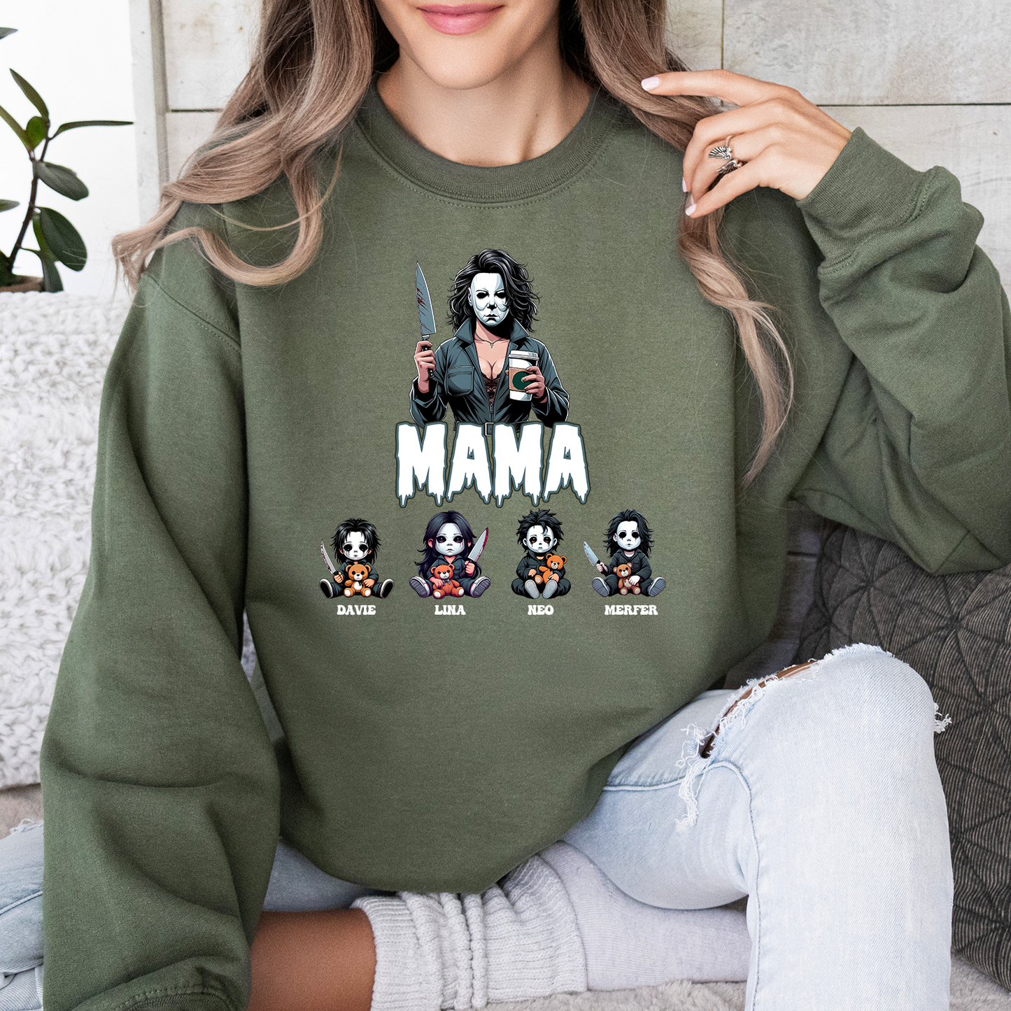 Custom ”Killer Mama“ Halloween Sweatshirt， Custom Kid Name Halloween Horror Mama Shirt, Spooky Mama Shirt