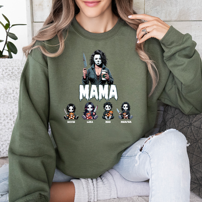 Custom ”Killer Mama“ Halloween Sweatshirt， Custom Kid Name Halloween Horror Mama Shirt, Spooky Mama Shirt