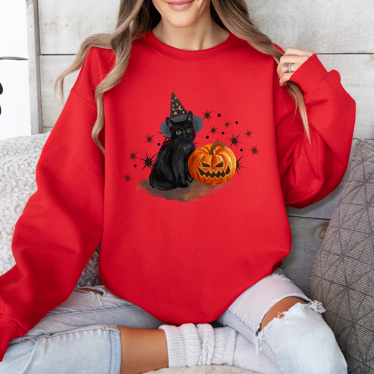 Black Cat With Pumpkin Halloween Sweatshirt, Spooky Cat Sweatshirt