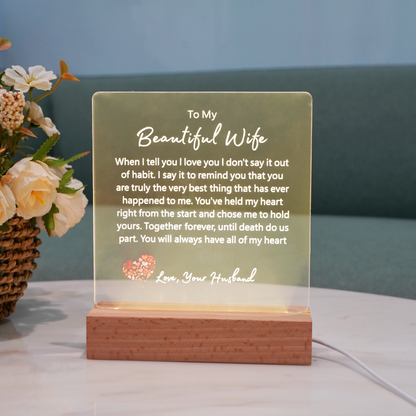To My Beautiful Wife Square Plaque-Until Death Do Us Part- White Font LED Optional