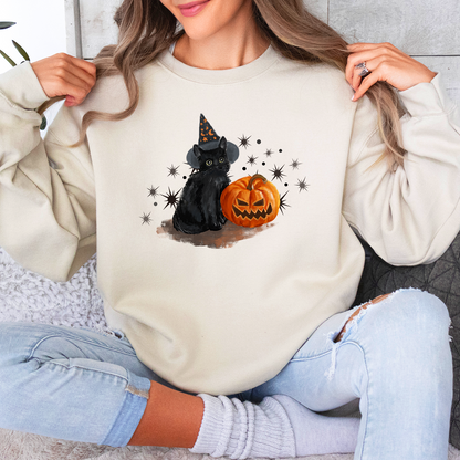 Black Cat With Pumpkin Halloween Sweatshirt, Spooky Cat Sweatshirt