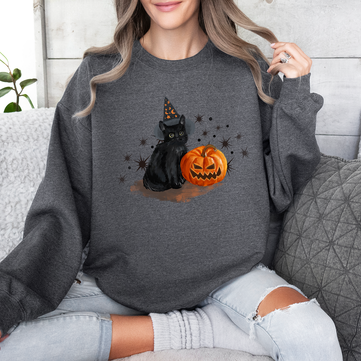 Black Cat With Pumpkin Halloween Sweatshirt, Spooky Cat Sweatshirt