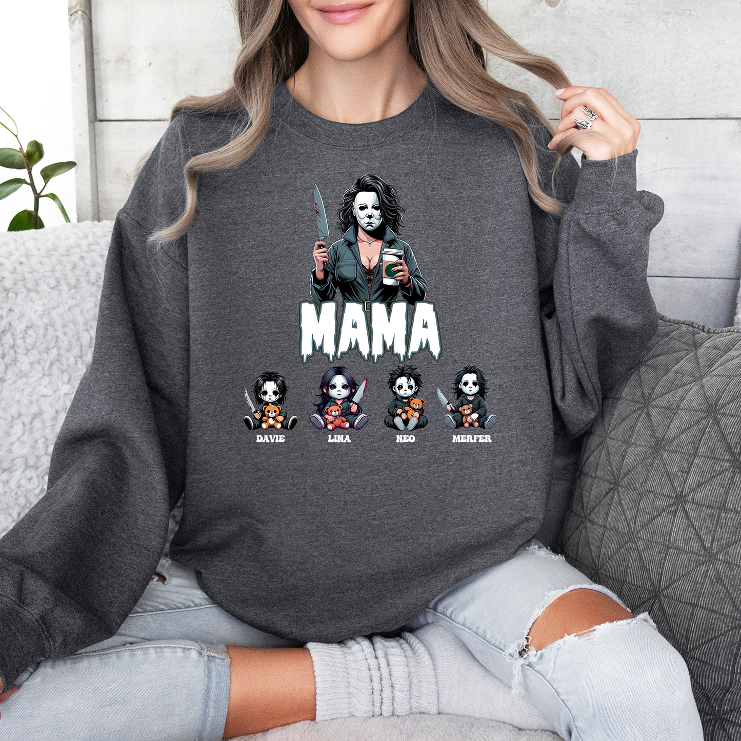 Custom ”Killer Mama“ Halloween Sweatshirt， Custom Kid Name Halloween Horror Mama Shirt, Spooky Mama Shirt