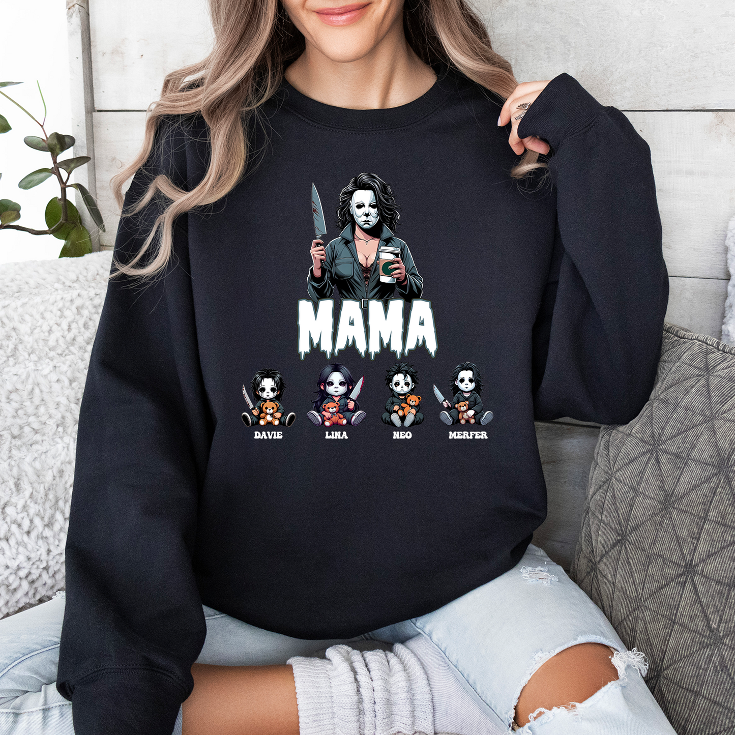 Custom ”Killer Mama“ Halloween Sweatshirt， Custom Kid Name Halloween Horror Mama Shirt, Spooky Mama Shirt