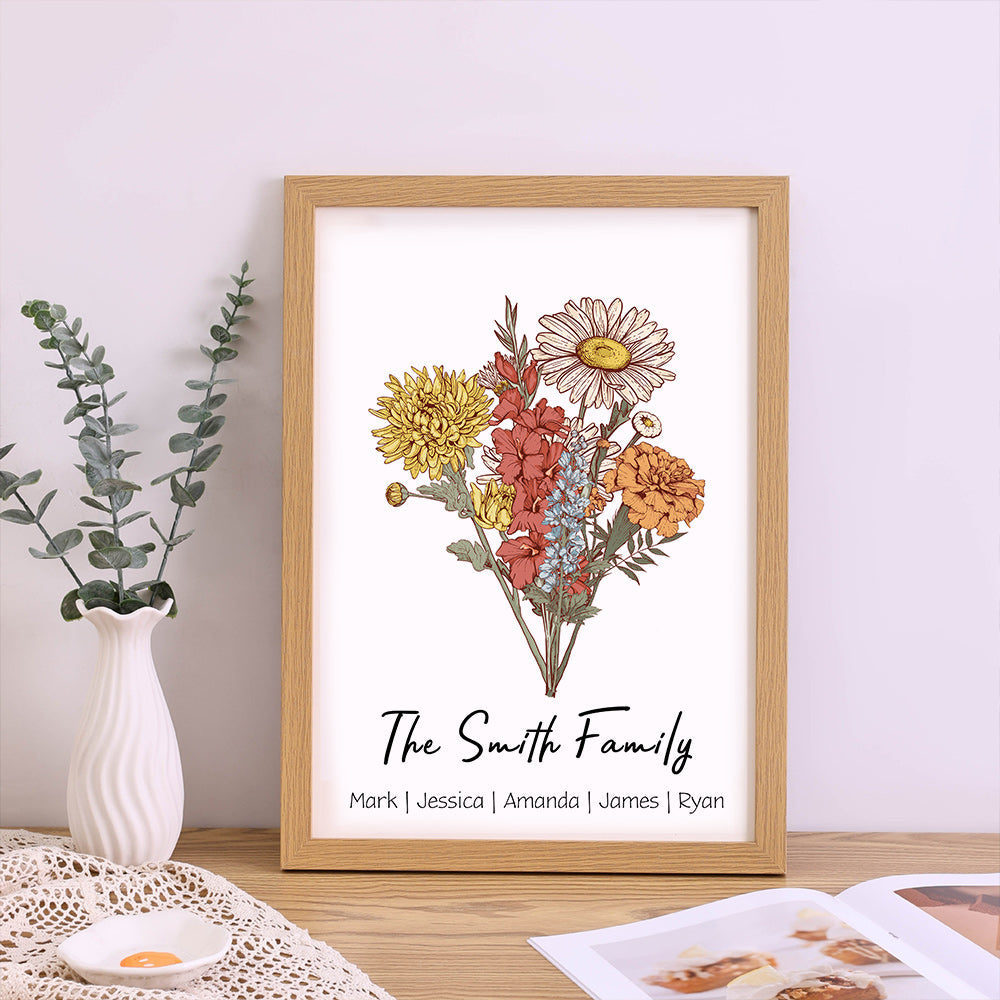 Birth Flower Family Bouquet Personalized Names Frame