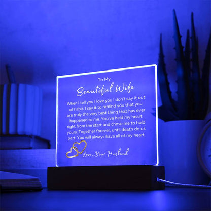 To My Beautiful Wife Square Plaque-Until Death Do Us Part- White Font LED Optional